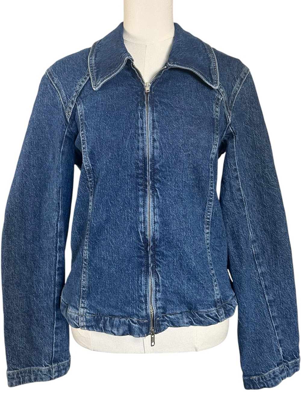 Free People Retro Y2K 90s Double Zip River Denim Jean Jacket in Blue NWT Large - Picture 6 of 11